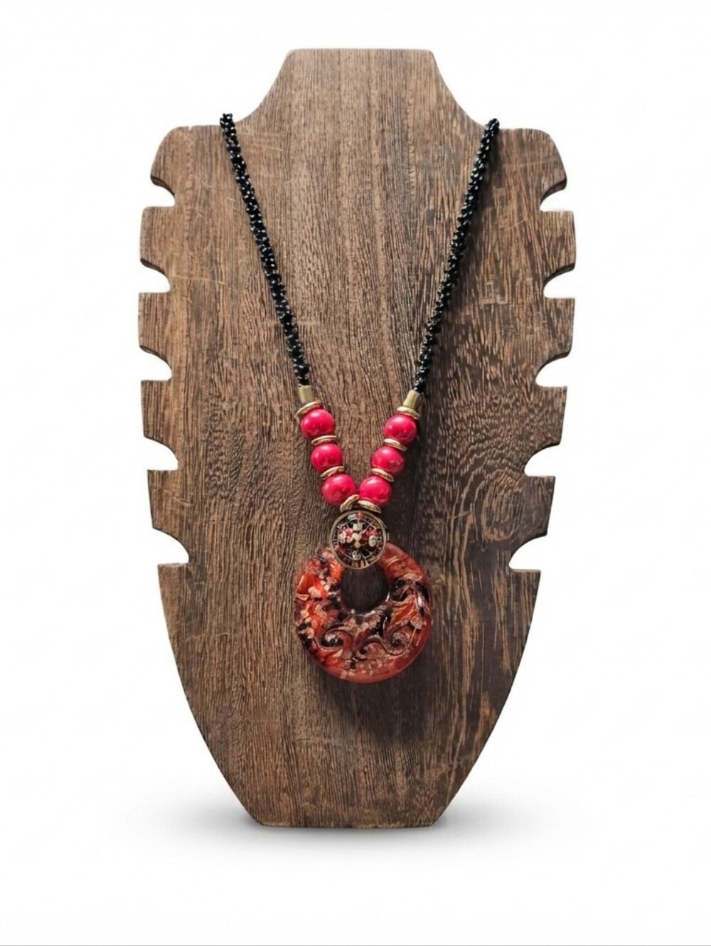 Murano Style Red Art Glass Donut Statement Necklace Beaded Chain